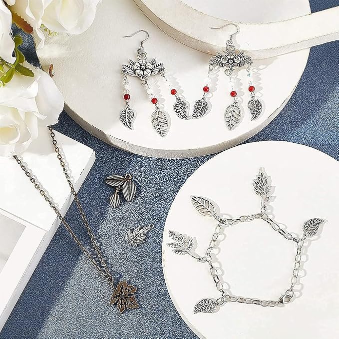 PH PandaHall 150pcs Tree Leaf Charms, 15 Style Filigree Metal Leaf Pendants - Image 6
