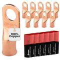 SELTERM 10pcs - 2/0 Awg - 1/2" Stud - Battery Lugs - Ring Terminal Connectors | with 12pcs 3:1 Black & Red Heat Shrink Tubing with Adhesive | Heavy Duty Battery Cable Ends - Bare Copper Wire Lugs Kit