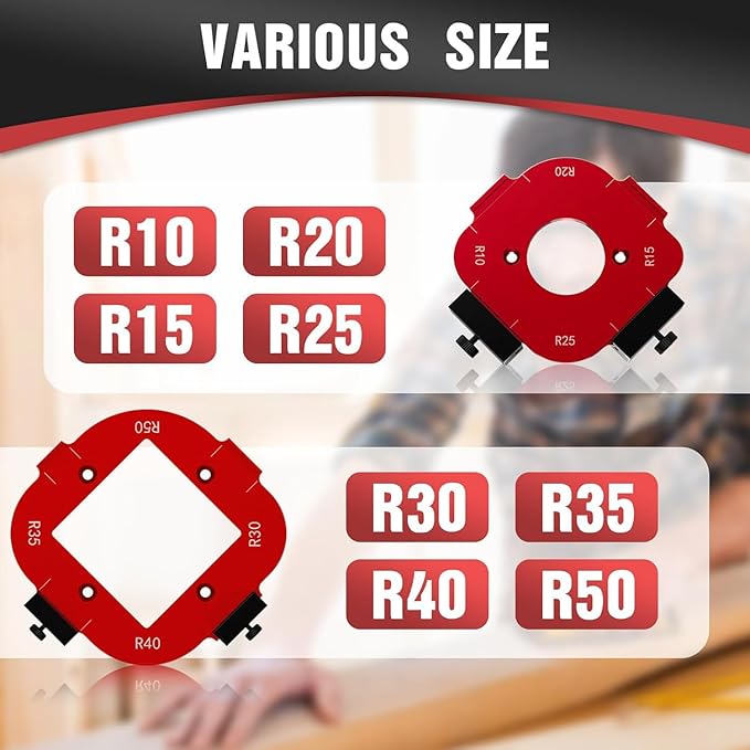Round Corner Radius Template,Router Corner Template Set, Radius Jig with Guide Pin, R10-R50 Corner Templates, Red Aluminum