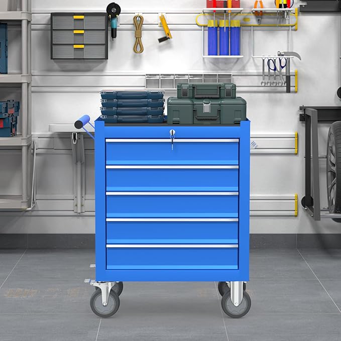 5 Drawers Rolling Tool Chest, Large Capacity Metal Tool Box with Wheels and Drawers, Tool Storage Cabinet with Keyed Locking, Tool Organizer Box for Garage, Workshop, Warehouse (Blue)