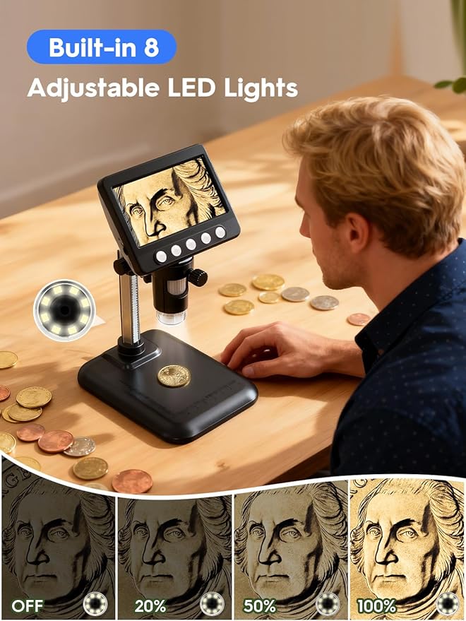 Coin Microscope, 4.3" LCD USB Digital 1000X 1080P Coin Magnifier | 8 Adjustable - Image 3