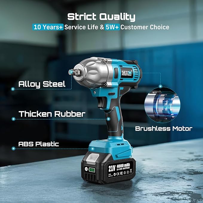 Seesii Impact Wrench 665 FT-LBS(900N.m) 3300IPM 1/2 Impact Gun High Torque Electric Cordless Impact Wrench with 21V 2x4.0Ah Battery 6 Sockets and Case for Home Car Truck Tire Lug Nut Removal Tool Set