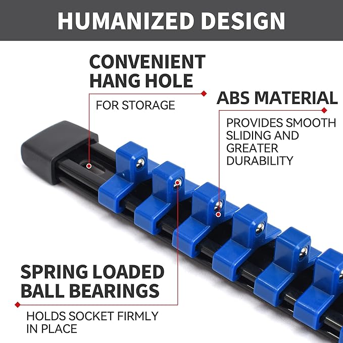 Socket Organizer Drive ABS Tools - Blue Socket Holder, Premium Quality 9 Pieces Socket Holders Kit 1/4-Inch x 48 Clips, 3/8-Inch x 45 Clips, 1/2-Inch x 36 Clips