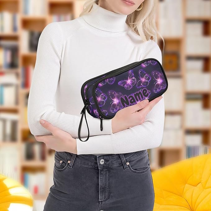 Custom Butterflies Purple Neon Pencil Case Box Boys Girls Personalized Name - Image 8