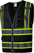SKSAFETY 10 Pockets Safety Vest, Class 2 High Visibility Security with Zipper Back Mesh, Hi Vis Vest with Reflective Strips, ANSI/ISEA Standard, Construction Work Vest for Men ＆ Women （Black, 3XL）