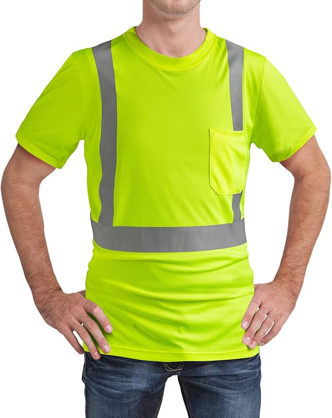 High Visibility Shirts Quick Dry Safety T Shirts with Reflective Strips and Pocket Short Sleeve Mesh Hi Vis Construction Work Class 2 Shirt for Men/Women Lime,5XL