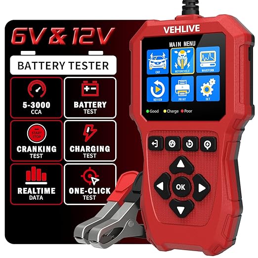 Car Battery Tester 6V 12V, 5-3000CCA Battery Load Tester, Automotive Alternator Tester Digital Auto Battery Analyzer Charging Cranking System Tester for Car Truck Motorcycle SUV ATV Boat Yacht