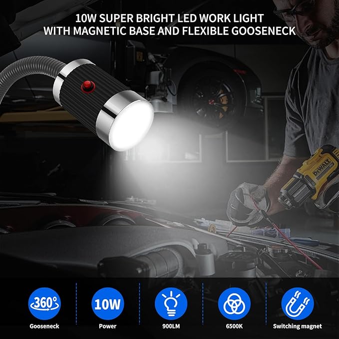 Magnetic Work Light, LED Work Light with Flexible Gooseneck and Magnetic Base, Shop Tool Lamp for Lathe, Work Bench, Sewing Machine,Grill,Industrial Lighting,10W,900Lumens,Black