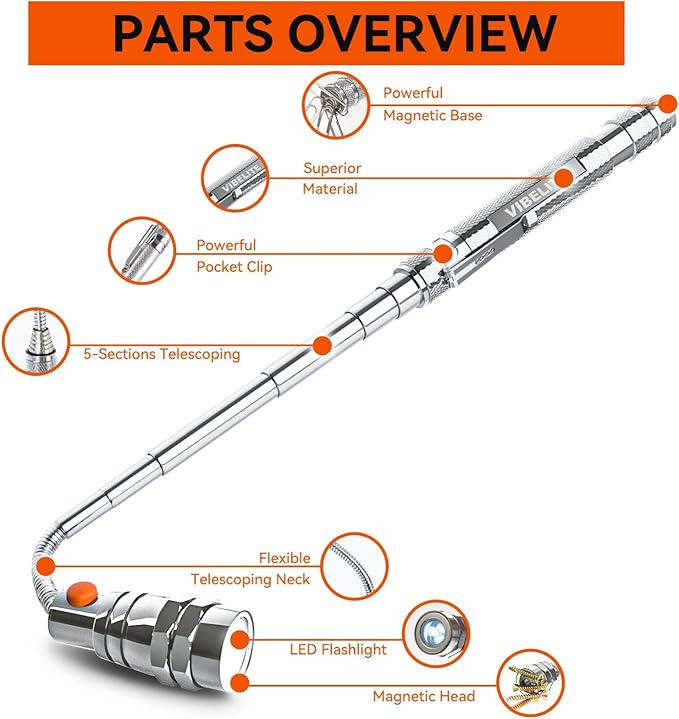 VIBELITE Extendable Magnetic Flashlight with Telescoping Magnet Pickup Tool-Cool Gadget Birthday for Men, Dad, Husband, Him, Father, Mechanic,Tech, Handyman, Boyfriend, Women, Silve