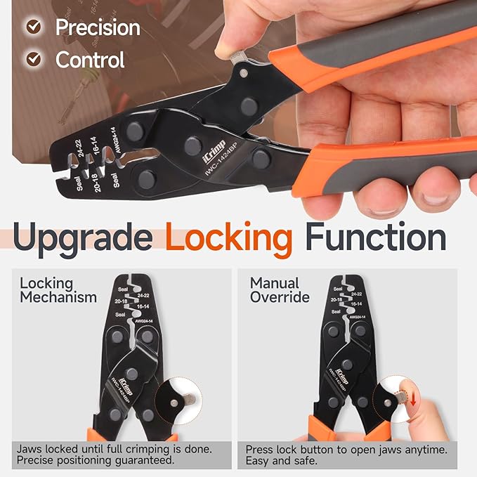 iCrimp Ratchet Weather Pack Sealed Connector Crimping Tool, Wire Crimper for AWG24-14 Waterproof Terminals with Locking Feature IWC-1424BP