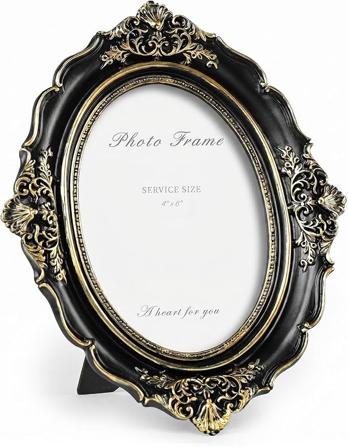 Cuspin 4x6 Oval Picture Frame, Vintage Ornate Baroque Black and Gold Resin by Cuspin