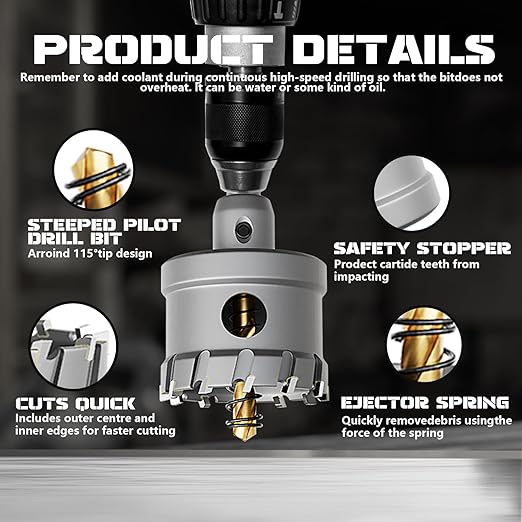Hole Saw 8 PCS, Hole Saw for Metal, TCT Hole Cutter, 6Drill Saws with 2* Extra Pilot Center Bits, 2* Springs for Metal, Iron and Stainless Steel, Hard Materials