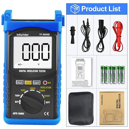 YF-6688B Digital Insulation Resistance Tester MegOhmmeter DC AC Voltmeter,Test Voltage 5000V,Insulation Resistance 200G Ohms with Large LCD Backlit and High Volt Indication