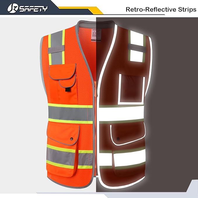 JKSafety 9 Pockets Hi-Vis Safety Vest Breathable Mesh Fabric Cushioned Collar Work Utility PPE Lightweight Industrial Work Gear ANSI/ISEA compliant (101-Orange XXL)