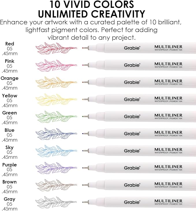 Grabie Micro Fineliner Pens, 10 Multicolor Fine Line Waterproof Drawing Pens - Image 2