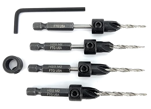 FTG USA Adjustable Wood Countersink Drill Bit Set 4 Pc #6 (9/64") with Tapered Drill Bit for Woodworking