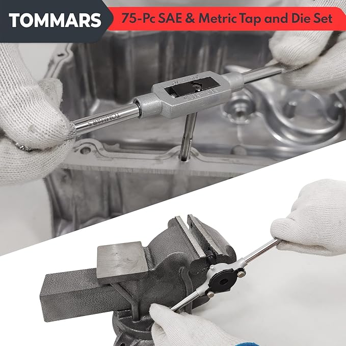 TOMMARS 75-Pc Tap and Die Set, SAE & Metric Hex Thread Taps Dies Wrench Metric Sizes M3 to M12 & Standard Sizes #4 to 1/2" Type NC NF NPT
