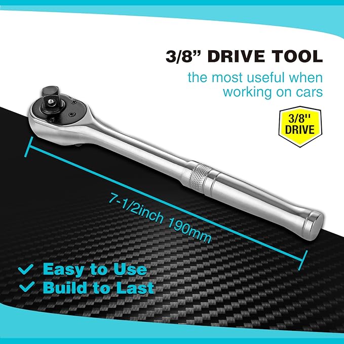 DURATECH 3/8" Drive Ratchet, Dirt Resistance 90-Tooth Ratchet Wrench, Chrome Alloy Made, Fully Polished