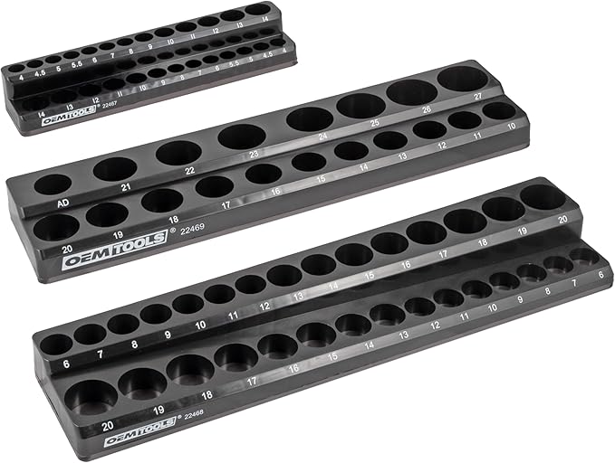 OEMTOOLS 22487 3 Piece Metric Magnetic Socket Organizers for Toolboxes, Socket Holder, Black Tool Box Organizer