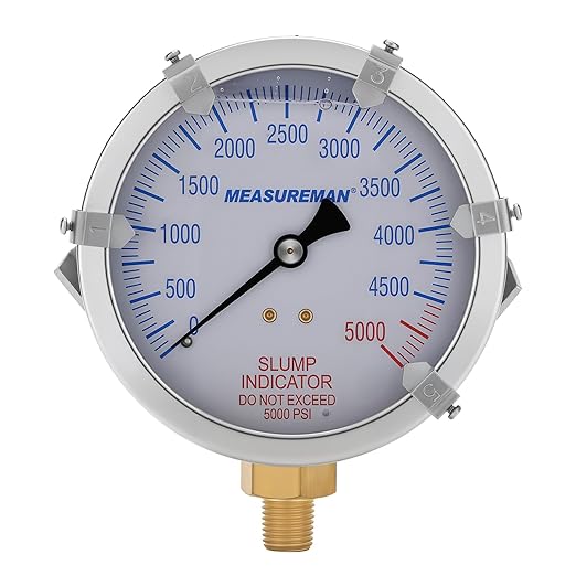 MEASUREMAN Concrete Pump Slump Indicator Gauge, 4 Inch Dial, 0-5000 PSI with 5 Adjustable Target Pointers, Glycerin Filled, 304 Stainless Steel Case, 1/4 NPT Lower Mount