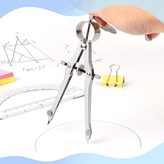 Compass and Protractor Set, Professional Drawing Compass Tool, Metal Compass with Extra Refills, Compass for Geometry and 6 Inch Math Protractors 180 Degree (Silver)