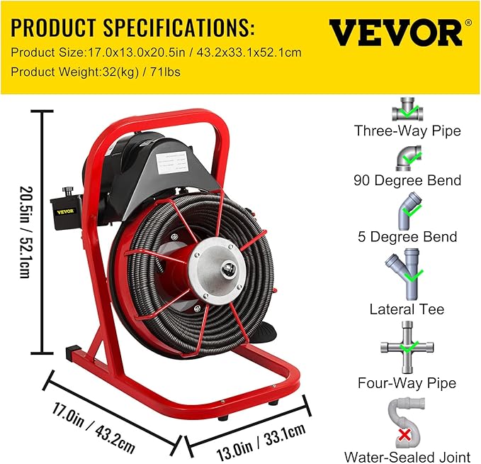 VEVOR 50FT x 1/2 Inch Drain Cleaning Machine, 250W Electric Drain Auger, Portable Sewer Snake Auger Cleaner with Cutters & Air-Activated Foot Switch for 1" to 4" Pipes, Black, Red