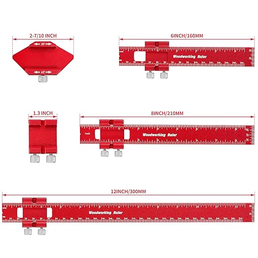 Woodworking Ruler Precision Pocket Rule: 12, 8, 6 Inch Metal Marking Ruler with 45° & 30° Slide Stop, Metric Inch Measuring Wood Working Scribing Measure Tools, Woodwork Adjustable Sliding Ruler