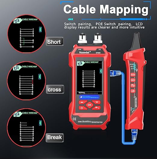 Network Cable Tester Ethernet Wire Tracer Cable Toner Generator RJ45 CAT5 CAT6 CAT7 CAT8 UTP STP RJ11 BNC Tester 3.5-inch Screen QC Test Cable Length Cable Maping Port Flashng Tester (ET835)