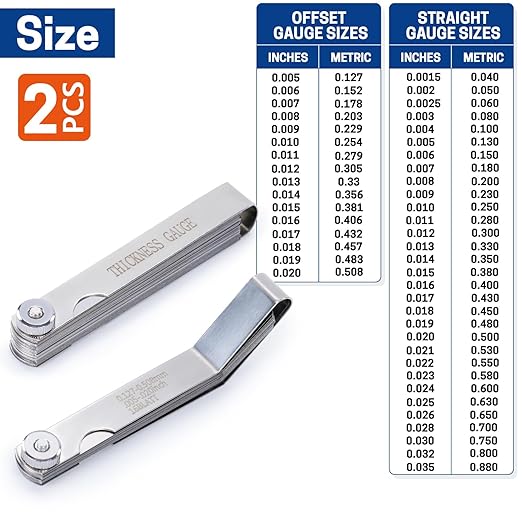 2PCS Feeler Gauges Set, Stainless Steel 32-Blade Straight and 16-Blade Offset Filler Gauge with Dual-Marked SAE & Metric Sizes, Feeler Gauges for Valves, Spark Plug Gap Tool