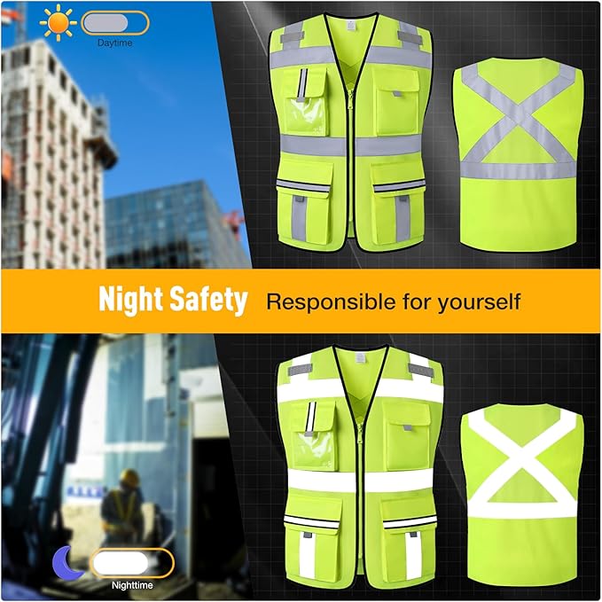 Class 2 Safety Vest with Zipper Front and multiple Pockets, High Visibility Vest, Meets ANSI/ISEA Standards