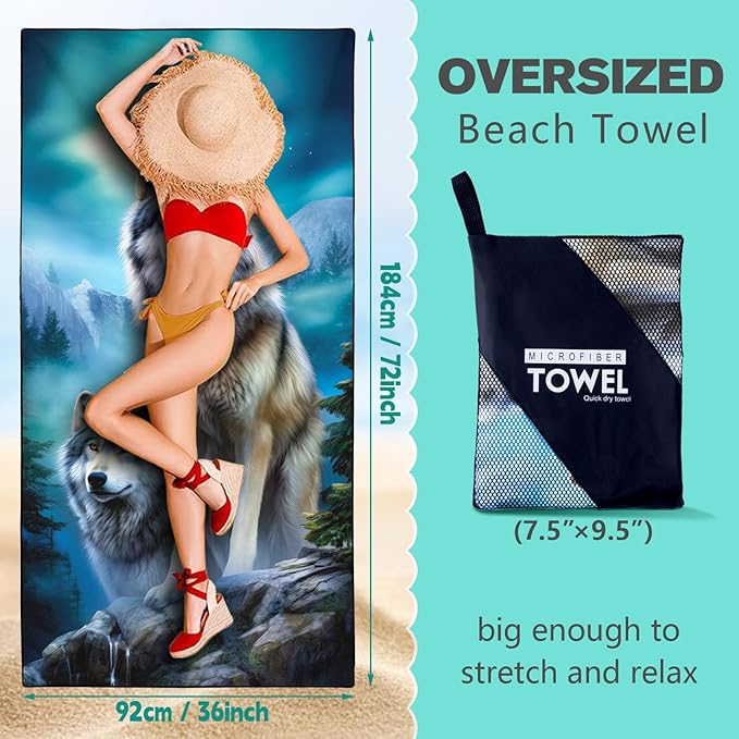 Moon Wolf Beach Towel Oversized 36" x 72", Thin Lightweight Sand Free Quick Dry Microfiber Towel for Swimming Pool Cruise Camping Travel