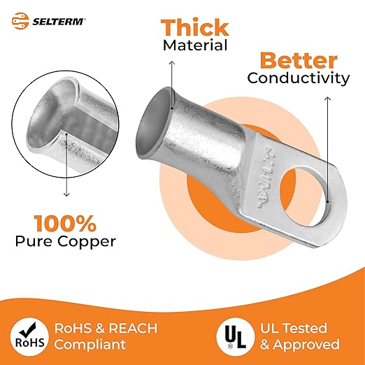 SELTERM Heavy Duty Tinned Copper Lugs, 2/0 Awg, 1/2 Inch Ring Terminal, 5-Pack, Marine Grade