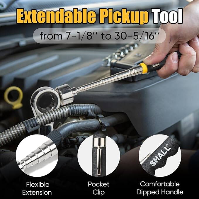 SHALL 3-Piece Magnetic Tool Parts Mat and Telescoping Magnetic Pickup Tool, Flexible Magnetic Tool Holder Pad W/ 83 Built-In-Magnets & 25LBS Pull Force Extendable Magnet for Mechanic Wrench Screw Bolt