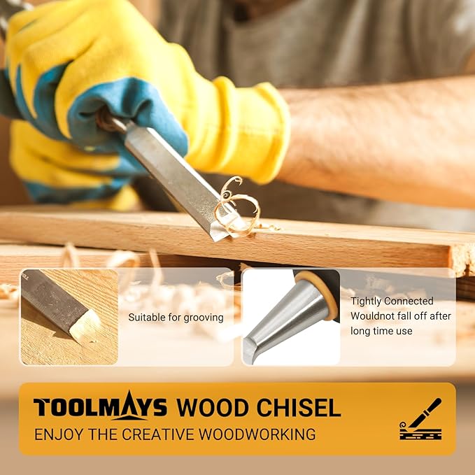 4-Piece Wood Chisel Set, Carbon Steel Blades with Ergonomic Handle, 3/8" 1/2" 3/4" 1" for Woodworking, Durable Metal Strike Cap (5-inch Handle for Comfortable Grip)