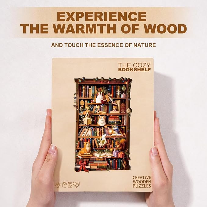 Animal Cozy Bookshelf Puzzles Adults Gifts Wooden 200 Pieces 13.4 * 8.5in - Image 8