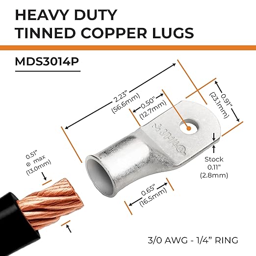 SELTERM 10pcs 3/0 AWG-1/4 Stud Tinned Copper Wire Lugs, Heavy Duty Battery Cable Ends,000 Gauge Ring Terminals, UL Battery Lugs Marine Grade Copper Eyelets Electrical Battery Terminal Connectors