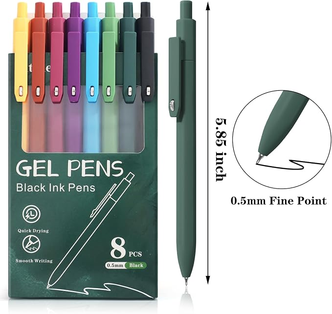 Piochoo Gel Pens, 8 Pack Fine Point Black Ink Smooth Writing Ink Pen, - Image 2