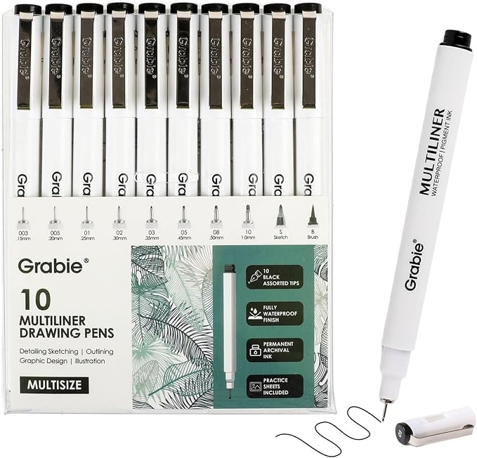 Grabie Micro Fineliner Pens, 10 Black Fine Line Waterproof Drawing Pens by Grabie