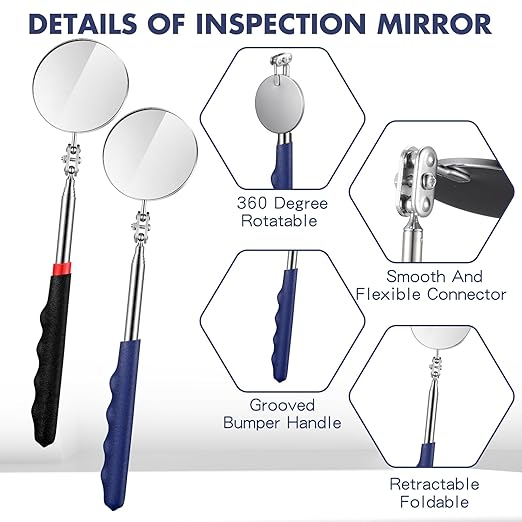 2 Pcs Telescoping Inspection Mirror,29 Inch Mechanics Mirror Tool with Long Handle, Round Extendable on a Stick for Technician Mechanics Contractor Checking(Black,Blue,50mm Round)