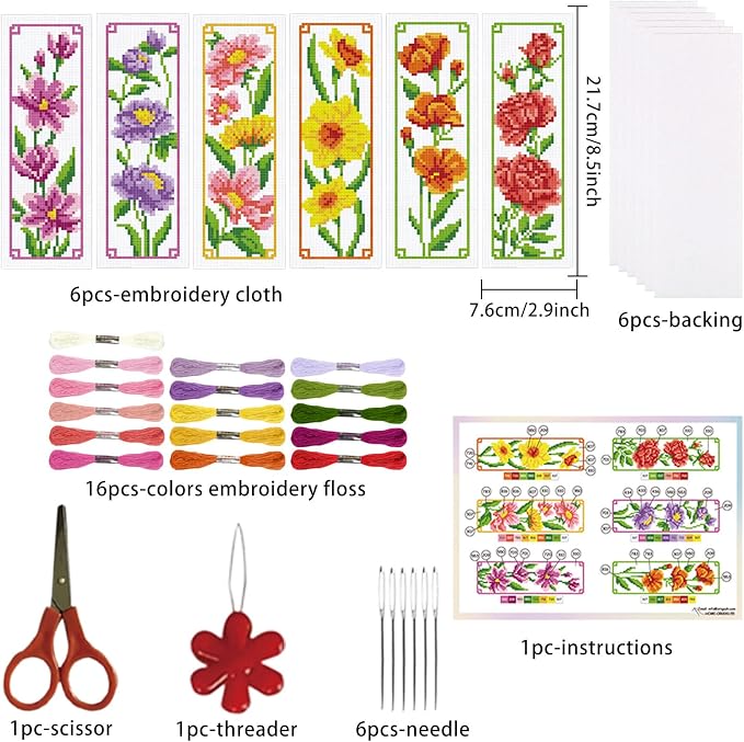 ORIGACH 6 Set Floral Cross Stitch Bookmark Kit - Image 2