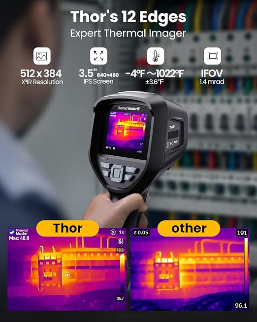 Handheld Thermal Imager, 640×480 3.5" IPS Screen, 512×384 X³ IR Resolution, -4℉ to 1022℉, Infrared Imager with Fusion Imaging, Thermal Imaging Camera with 2MP Visual Camera(Thor 002)