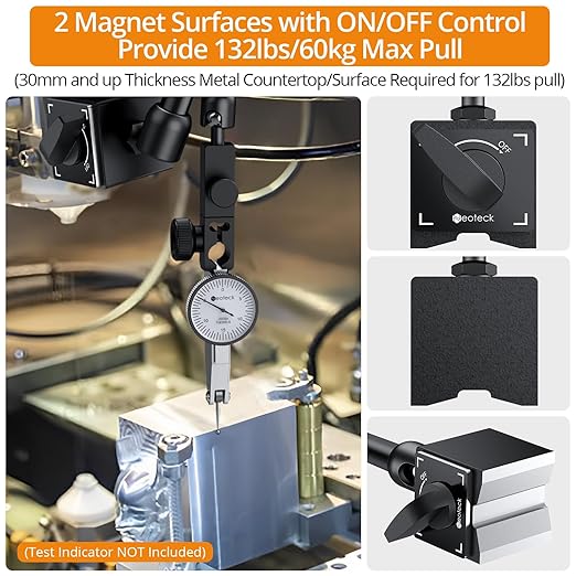 Neoteck 132lbs/60kg Max Pull Steel Magnetic Base for Digital Dial Indicator with 3/8 inch (9.52mm) Clamping Hole, Adjustable Test Indicator Holder Weighs 671g for Widely Used in Lathe - Black