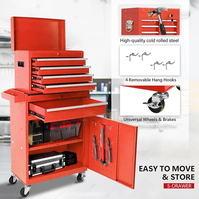 Rolling Tool Chest - 5 Drawers Tool Box Organizer with Lockable Wheels, Sliding Drawers, Detachable Top Tool Box - Tool Storage Cabinet for Garage Workshop, Red