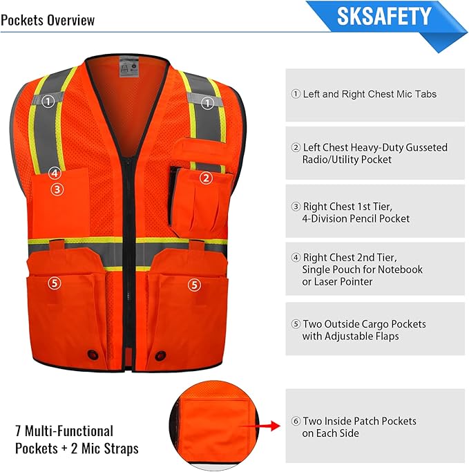 SKSAFETY 10 Pockets Professional Safety Vest, Class 2 Hi Vis Vest with Zipper, Reflective Strips, ANSI/ISEA Standard - Orange, 2XL