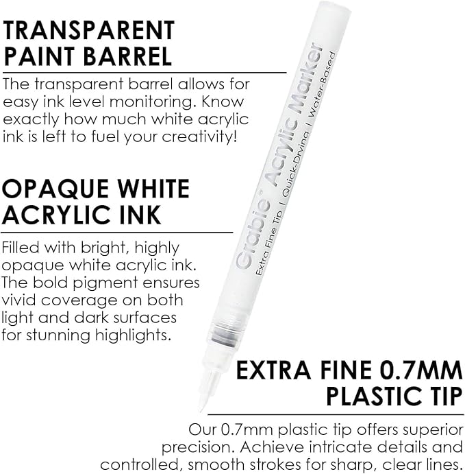 Grabie Black & White Extra Fine Tip Acrylic Paint Marker Set, 6 Pack, 0.7mm - Image 5