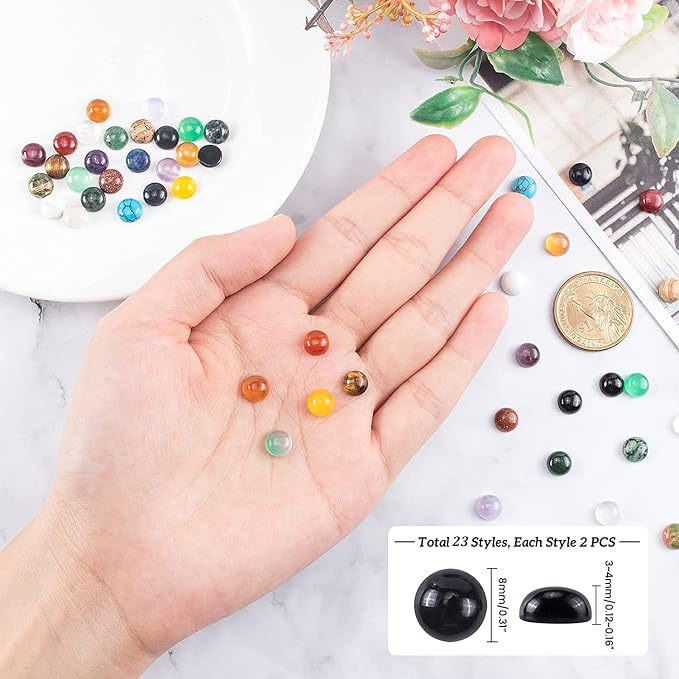 PH PandaHall 46pcs 23 Styles Stone Cabochons 8mm Gemstone Half Round Flatback - Image 2