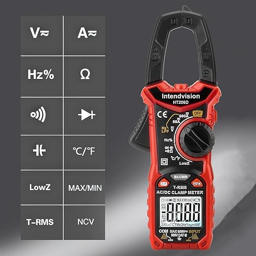 Intendvision Digital Clamp Meter T-RMS 6000 Counts, Amp Clamp Voltage Tester Auto-ranging, NCV AC DC Current Voltage Resistance Capacitance Frequency Diode Temperature Measure Tester HT206D