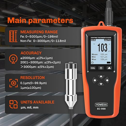 EC-900 Professional Coating Thickness Gauge with External Ruby Wear-Resistant Probe, Paint Depth Meter with Fe 0-5000μm, Non-Fe 0-3000μm Measuring Range, USB Data Transfer