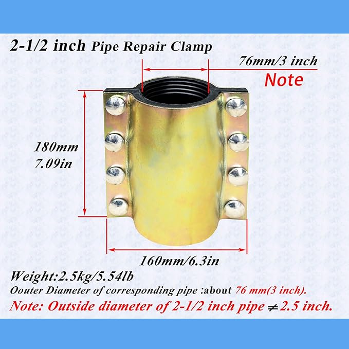 Water Pipe Repair Clamp for 2-1/2 inch Pipe(OD of Applied Pipe is 3 inch),Leak Sealer for Pipes and Plumbing,Length 7.09 inch,Suitable for Steel Pipe,Iron Pipe and PE/PPR Pipes.