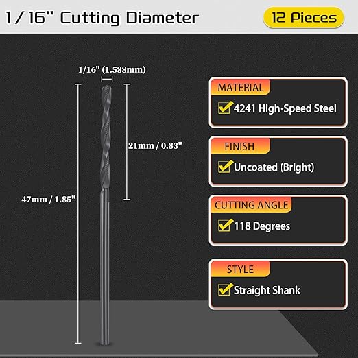 Drill Bit, 1/16" Cutting Diameter, 4241 HSS Nitriding Black 118° Cutting Angle Versatile Jobber Bits - (Applications: for Drilling Plastic Wood Soft Metal), 12-Pieces